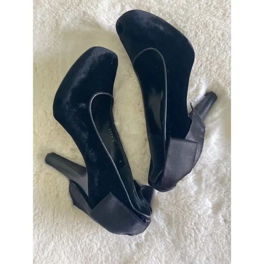Nannette Lapore Peep Toe Ribbon Bow Tie Black Velvet Heels Sz‎ 8